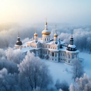 A grand white palace with golden onion domes nestled in a white, frost-covered forest under a pale morning sky.