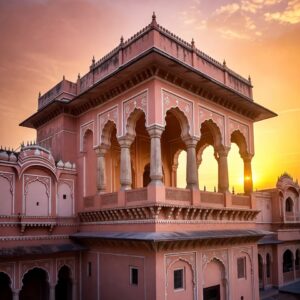 A close-up, high-angle view of a pink sandstone palace balcony with arched columns during a bright golden sunset.