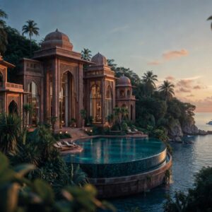 A grand terracotta stone palace with domes and an infinity pool on a tropical cliffside at sunset, with a luxury yacht in the ocean below.