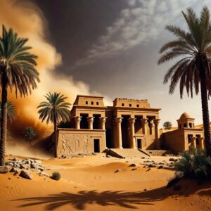 An ancient stone temple with massive columns and palm trees, standing in front of a giant approaching sandstorm under a dark, hazy sky.