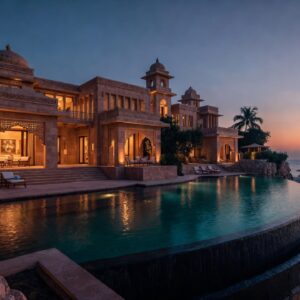 A grand multi-level sandstone mansion illuminated at dusk, featuring a large curved infinity pool and a luxury yacht anchored in the bay under an evening sky.