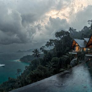 Two modern wooden villas with glowing interiors on a cliffside, featuring a large infinity pool overlooking a tropical bay during a heavy rainstorm with a yacht in the distance.