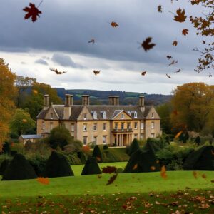 A grand English limestone manor with multiple chimneys, surrounded by green lawns and sculpted topiaries with falling autumn leaves in the foreground.