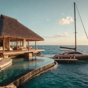 A luxury tropical villa with a thatched roof and a large infinity pool overlooking the ocean, with a luxury sailing yacht docked at a private pier during sunset.