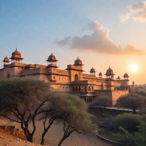 A sprawling multi-level sandstone palace built on a rocky desert hill, featuring many domes and arches under a bright morning sun.