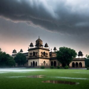 A grand white stone palace with many arches and domes under a dark, swirling storm sky with heavy rain falling over a green lawn.
