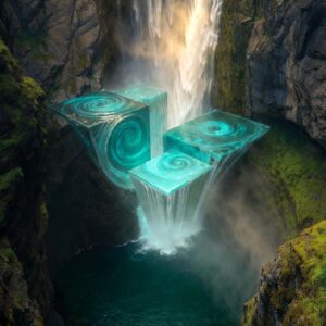 Surreal waterfall flowing into three suspended turquoise cubes with vortex patterns in a mossy canyon.