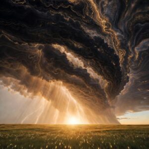 Swirling golden storm clouds with lightning bolts over a vast open field reflecting radiant light.
