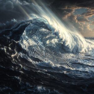 Ocean wave with geometric metallic diamond patterns under storm clouds and sunlight beams.