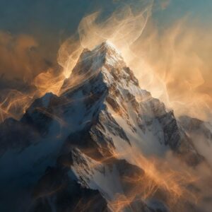 Snow‑covered mountain peak glowing with golden light and surrounded by ethereal fire‑like streaks of energy.