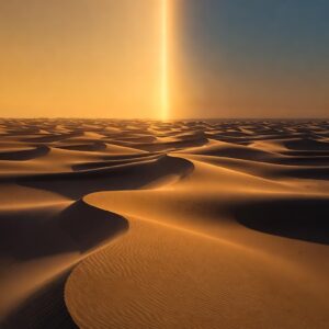 Golden desert dunes with a vertical column of radiant light rising into a surreal sky.