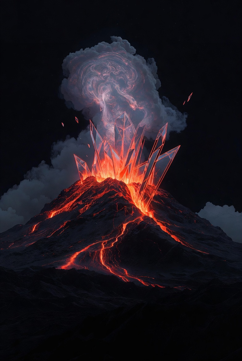 Surreal volcanic eruption with glowing lava and translucent crystal structures rising from the crater under a luminous sky.