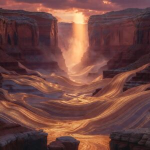 Surreal desert canyon with glowing sandstone formations, vertical mist column, and radiant sunset clouds.